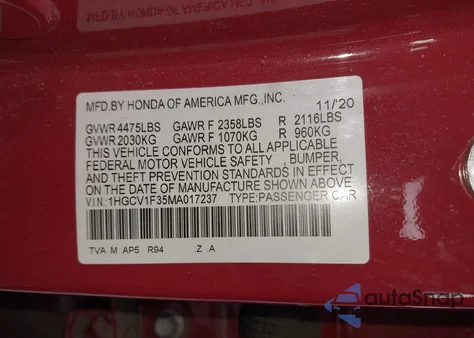 2021 Honda Accord Sport z USA, uszkodzony, nr VIN 1HGCV1F35MA017237